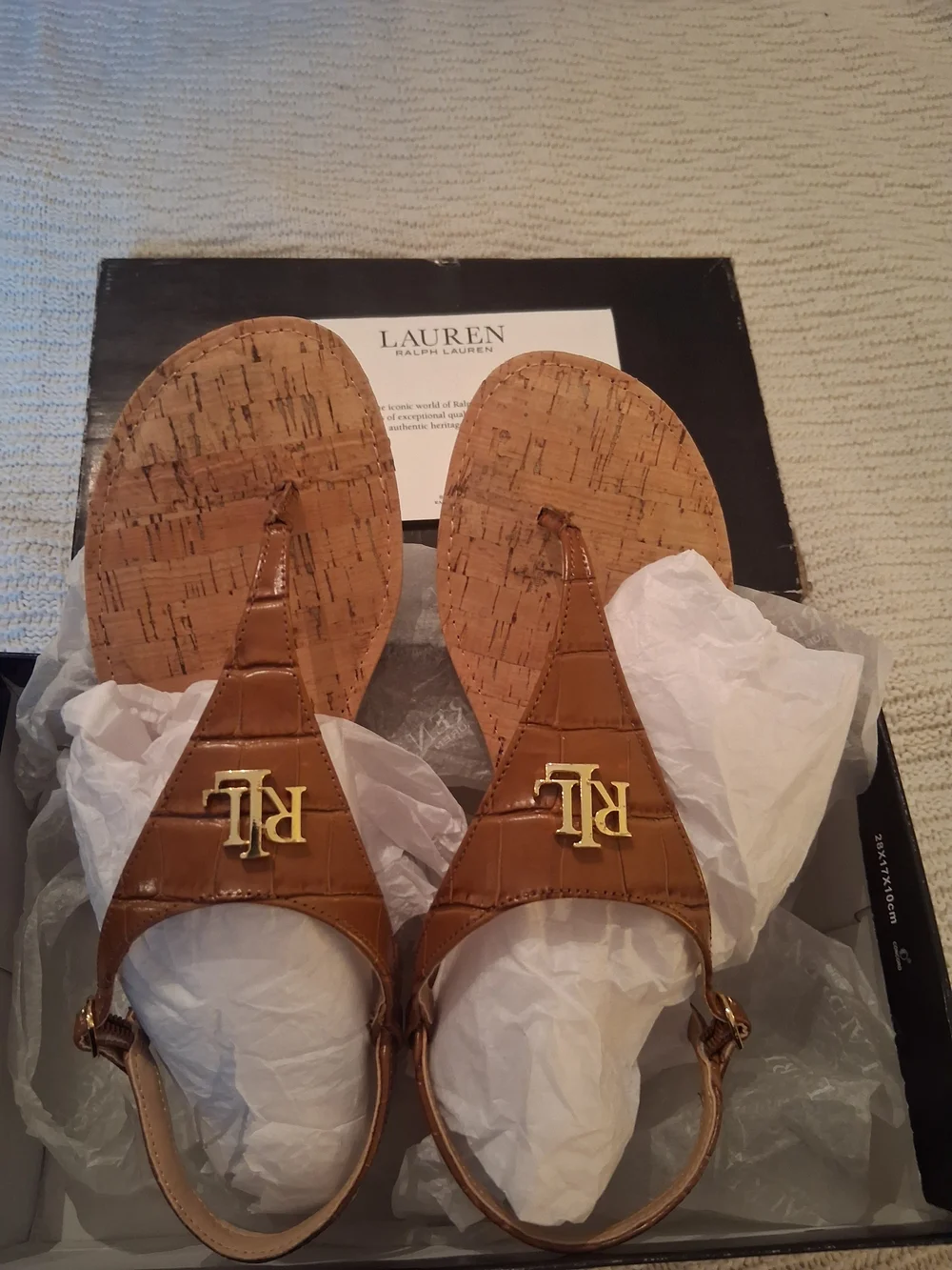 Lauren Ralph Lauren Brown Cork Thong Sandals with RL Logo - Picture 2 of 5
